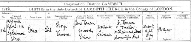 Grace Vanson birth record